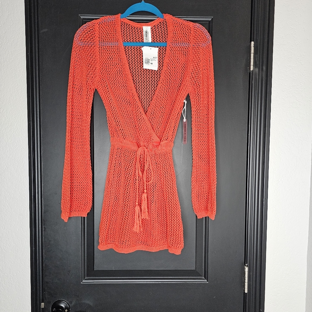 Crochet Crossed Swim Cover Up Tomato Red Mini Dress  New With Tags